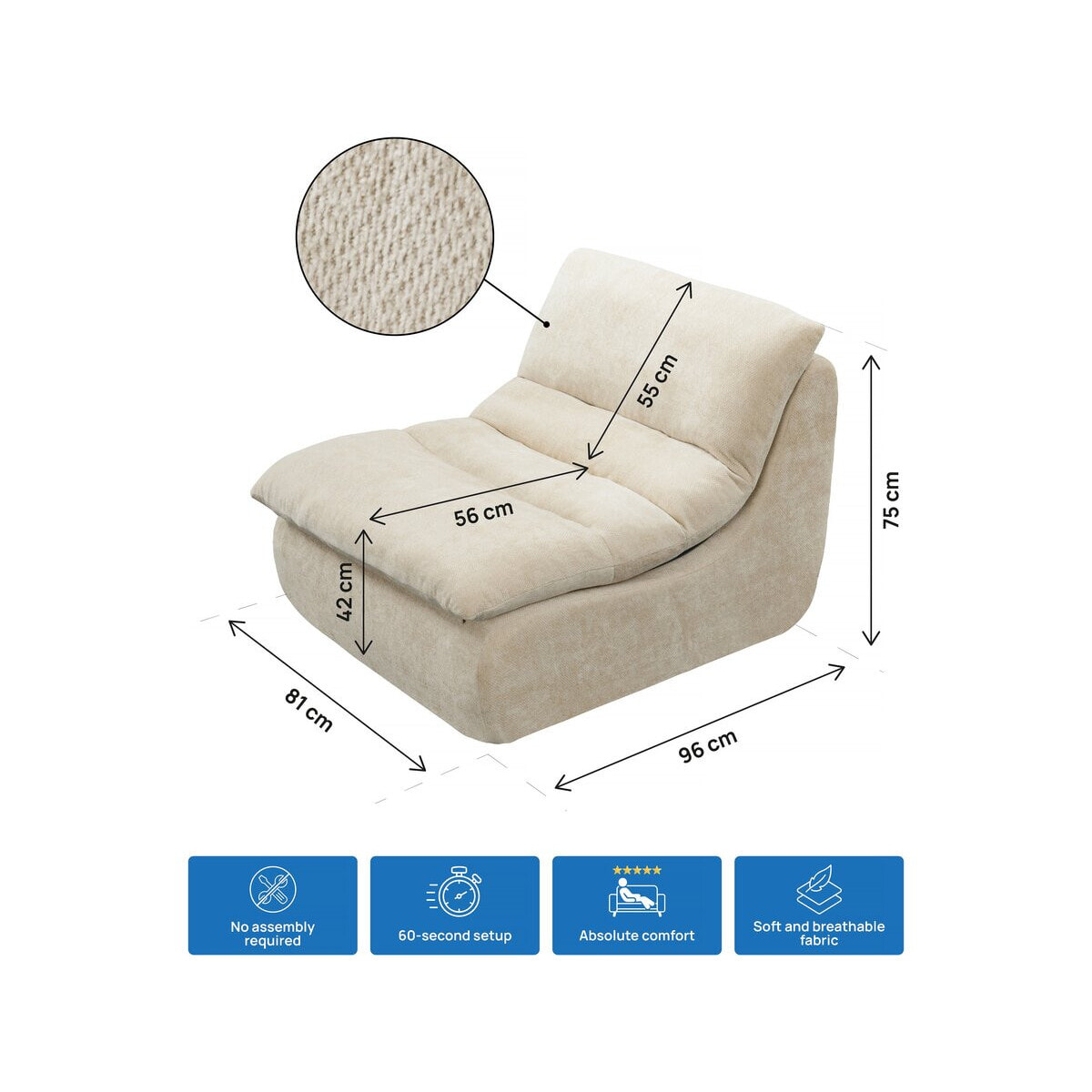 Chauffeuse en tissu texturé "Candela" - 81 x 96 x 75 cm - Beige