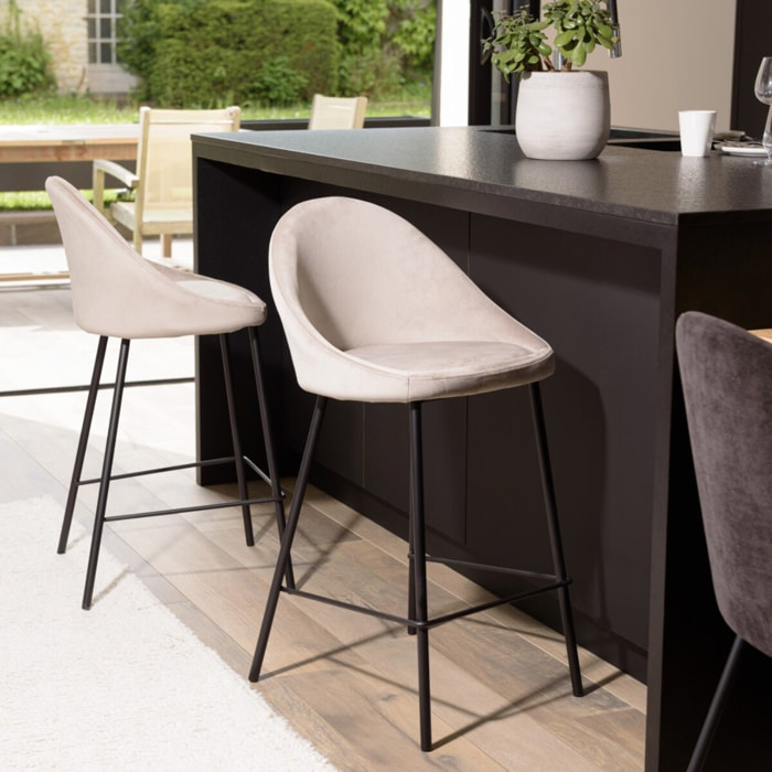 TOM - Lot de 2 tabourets d'ilot velours chamois hauteur d'assise 65cm