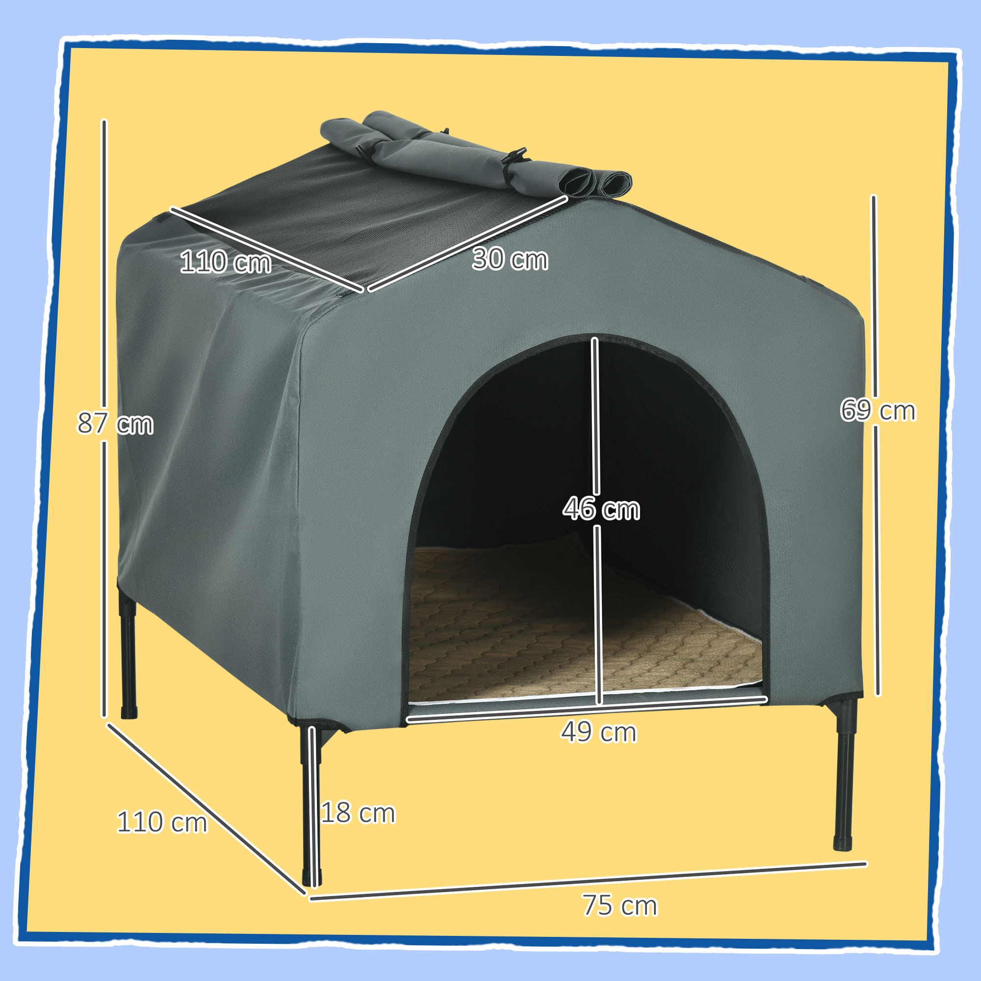 Caseta para Perros con Cubierta Exterior 110x75x87 cm Cama Elevada para Mascotas con Cojín y Ventanas de Malla Enrollable para Perros Grandes Gris