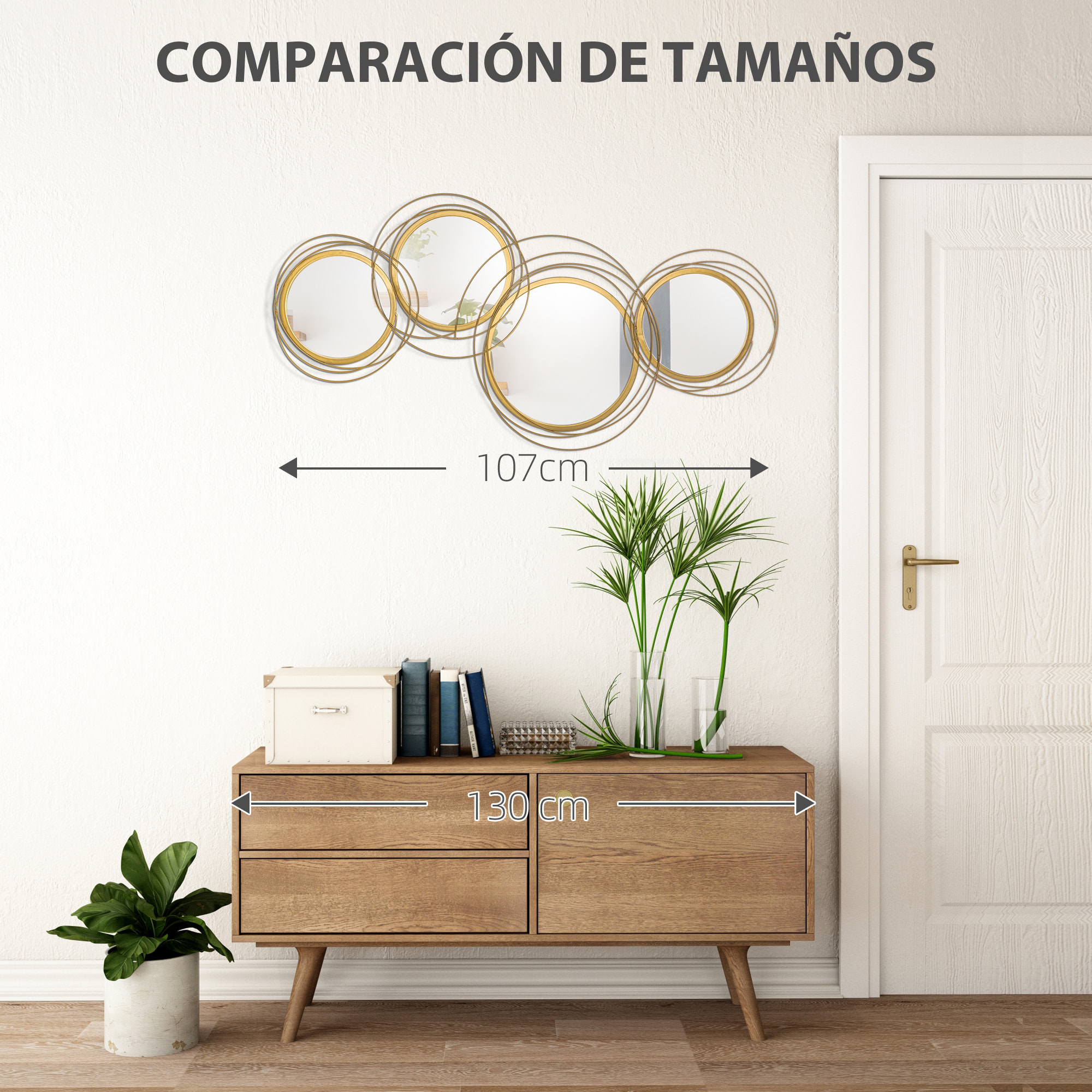 HOMCOM Decoración de Pared de Metal 3D Escultura de Pared de Espejos Redondos 107x56 cm Adornos de Pared Metálicos para Salón Dormitorio Cocina Dorado