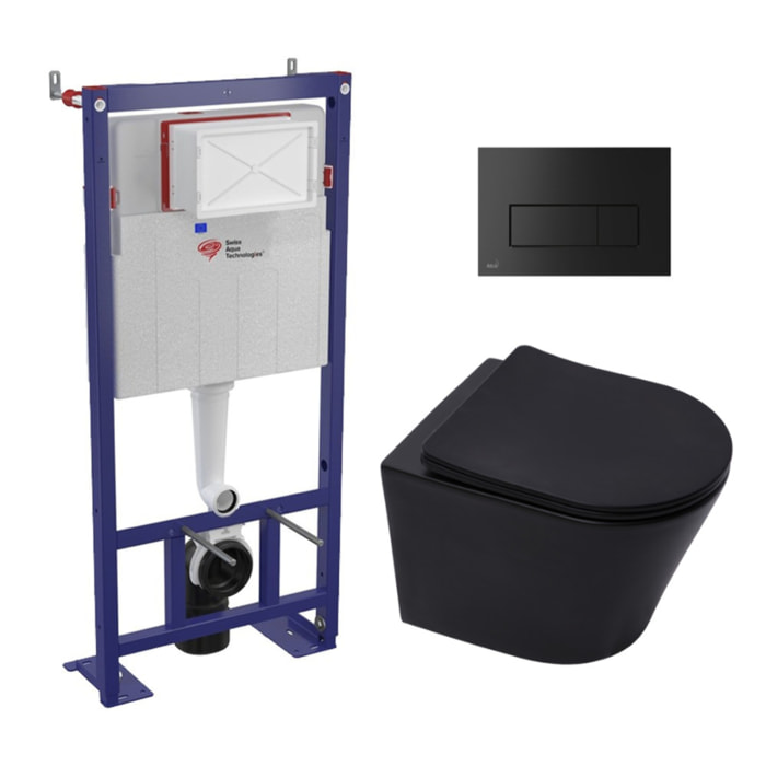 Pack WC Bâti autoportant + WC SAT Infinitio sans bride noir mat + Abattant softclose + Plaque noire mat