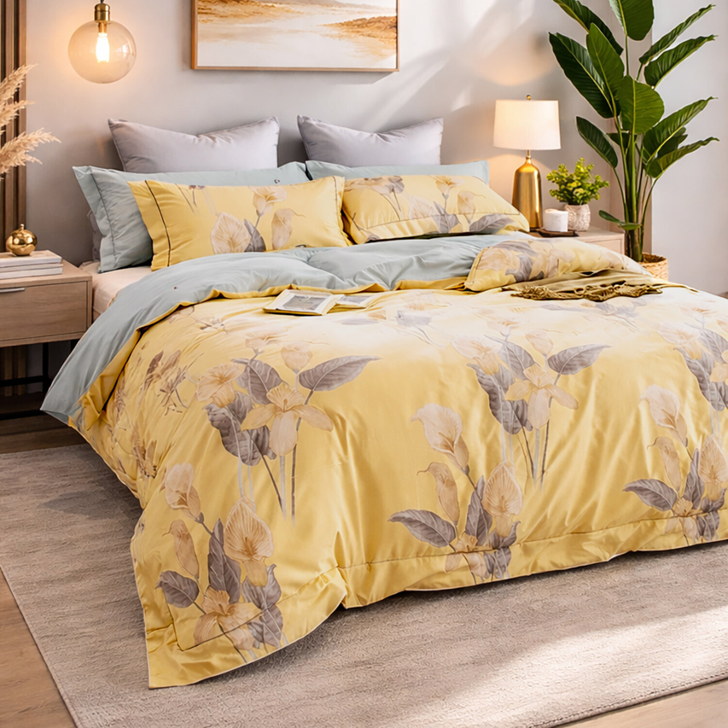 Parure housse de couette 100% coton - Horia imprimé floral jaune soleil