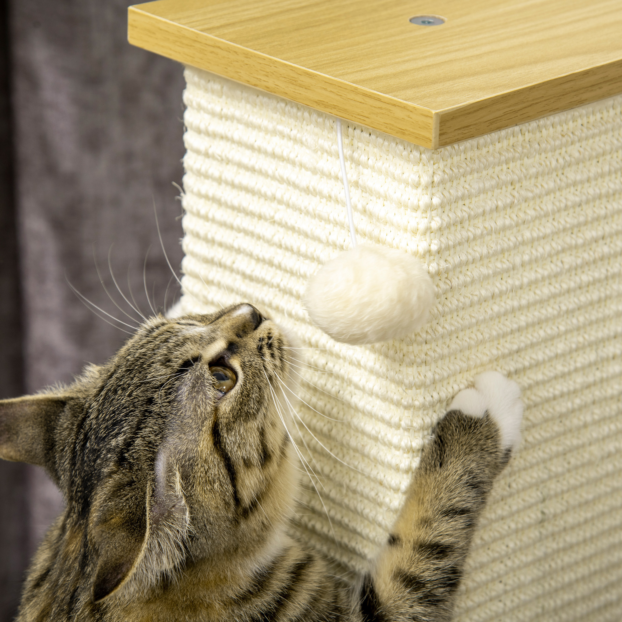 Poste Rascador para Gatos con Poste de Sisal y Bola Colgante 38x38x80 cm Roble