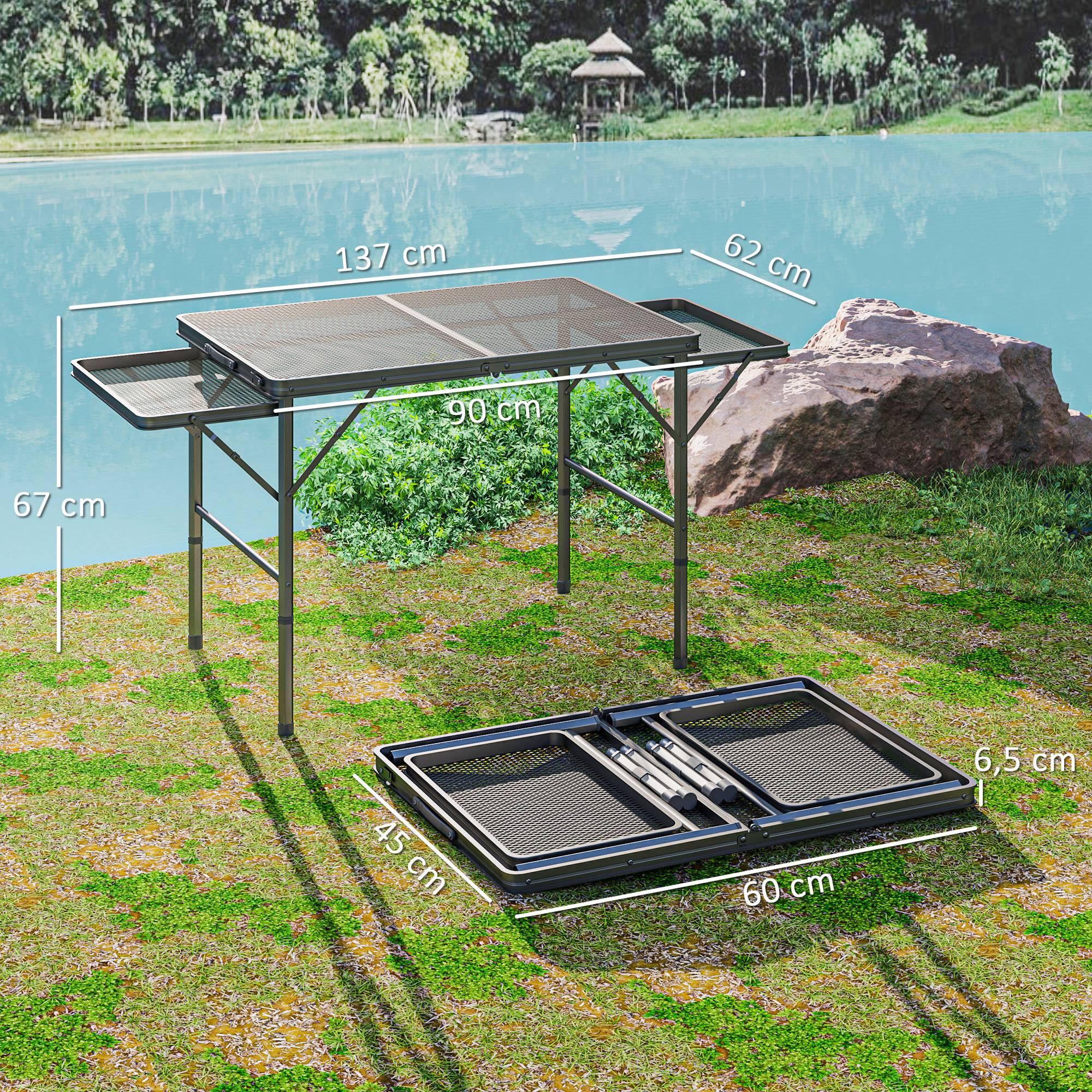Mesa Plegable Camping de Aluminio 137x62x67 cm con Laterales Abatibles y Altura Ajustable Mesa Plegable Portátil Ligera con Encimera Metálica de Rejilla para Acampar Senderismo Playa Negro