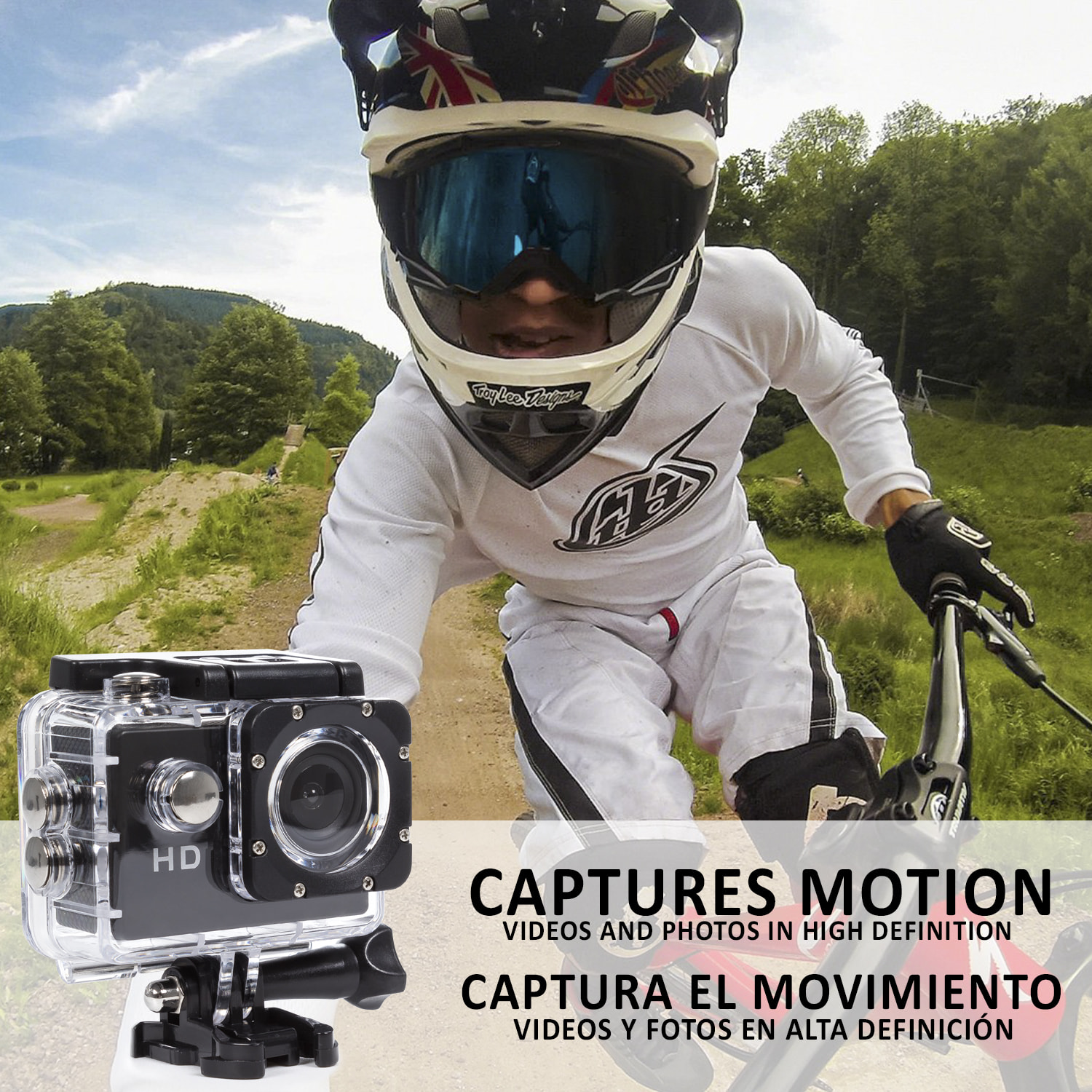Fotocamera sportiva Komir HD1080P con 12 mpx, schermo da 2 pollici e accessori sportivi