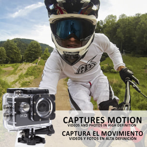 Fotocamera sportiva Komir HD1080P con 12 mpx, schermo da 2 pollici e accessori sportivi