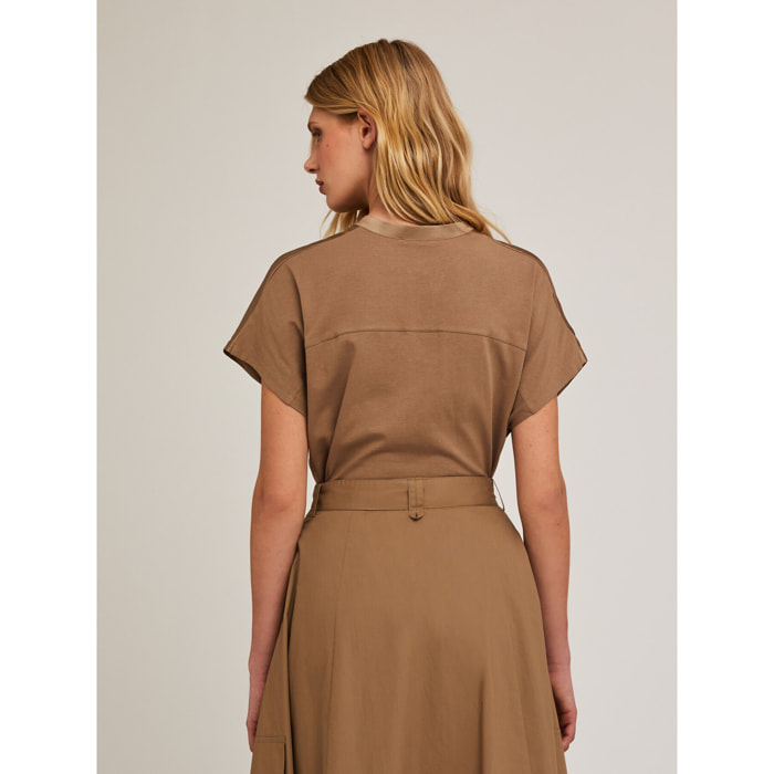 Motivi - Blusa bimateria con cuello mao - Marrón