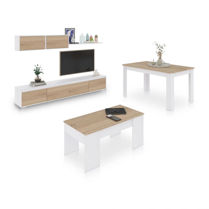 Pack salón con mesa de centro y mesa de comedor Arlet Max V2B Blanco Artik (Blanco Mate) - Roble Canadian