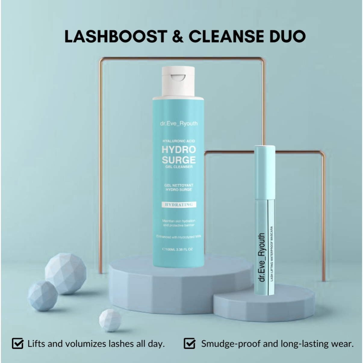 Máscara de pestañas resistente al agua con efecto lifting + gel limpiador Hydro Surge con ácido hialurónico