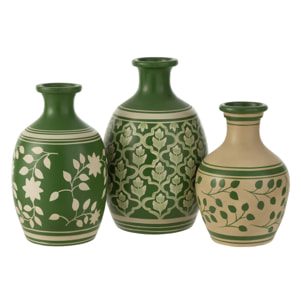 J-Line Vase Fleurs+Lignes Terre Cuite Vert/Blanc