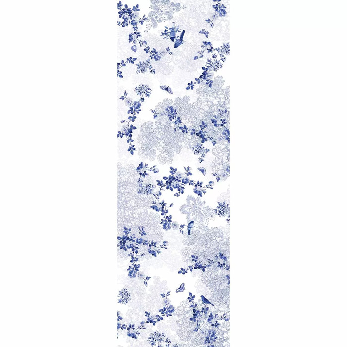 Chemin de table métis lin & coton lavé 190 g/m² imprimé blanc bleu Voliere bleu