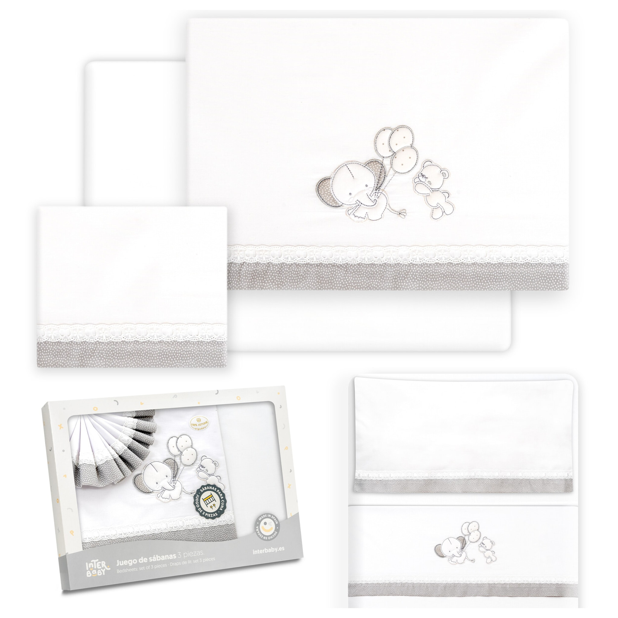 Triptico Minicuna Pasacinta Oso Elefante Globos Bco/Gris