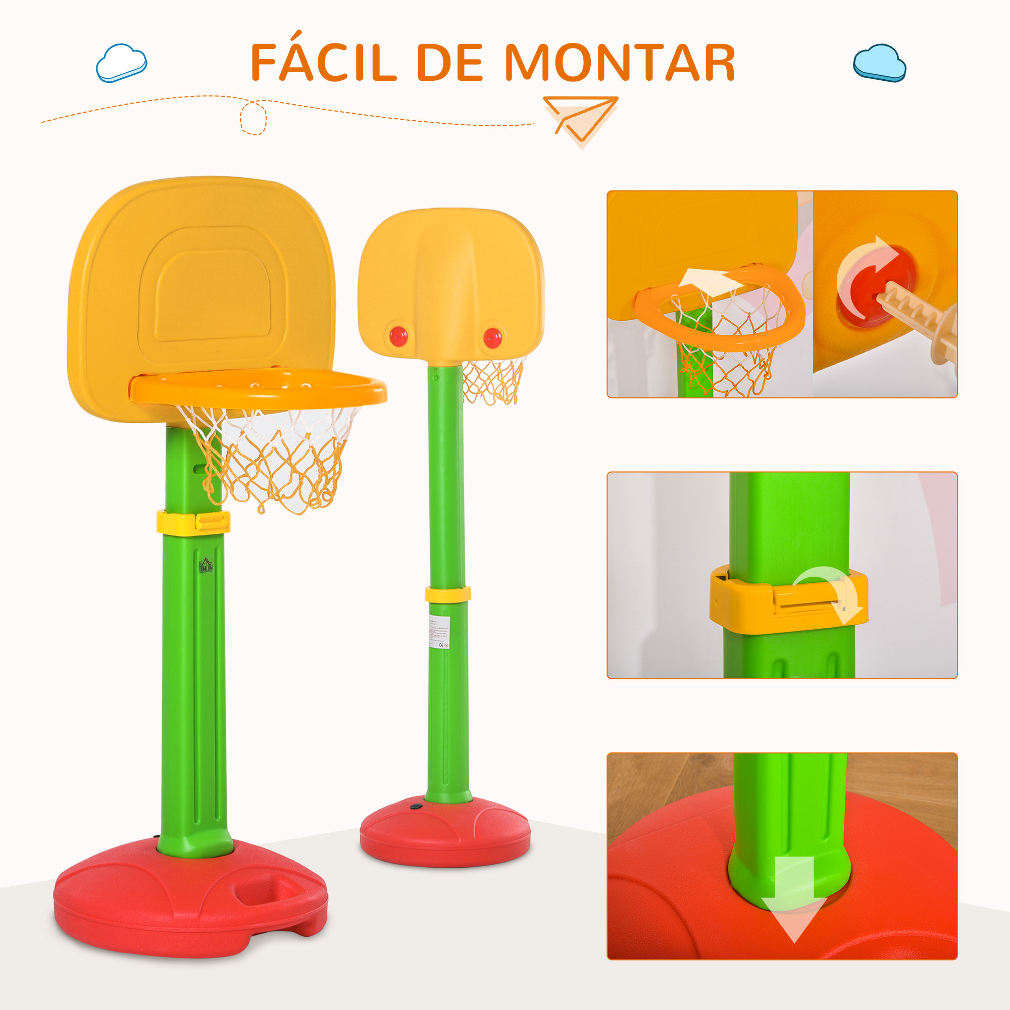 Canasta de Baloncesto Infantil con Altura Ajustable 2 Pelotas e Inflador +3 Años