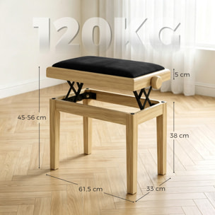 Banc de Piano, Tabouret Réglable en Hauteur 45-56 cm, assise Rembourrée en Velours, Bois Naturel