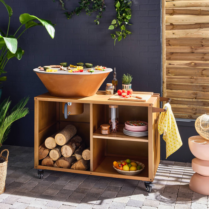 Braséro de cuisson Ø80cm - Stromboli - coloris corten avec grille de cuisson et espace de rangement. L 138 x P 82 x H 114 cm