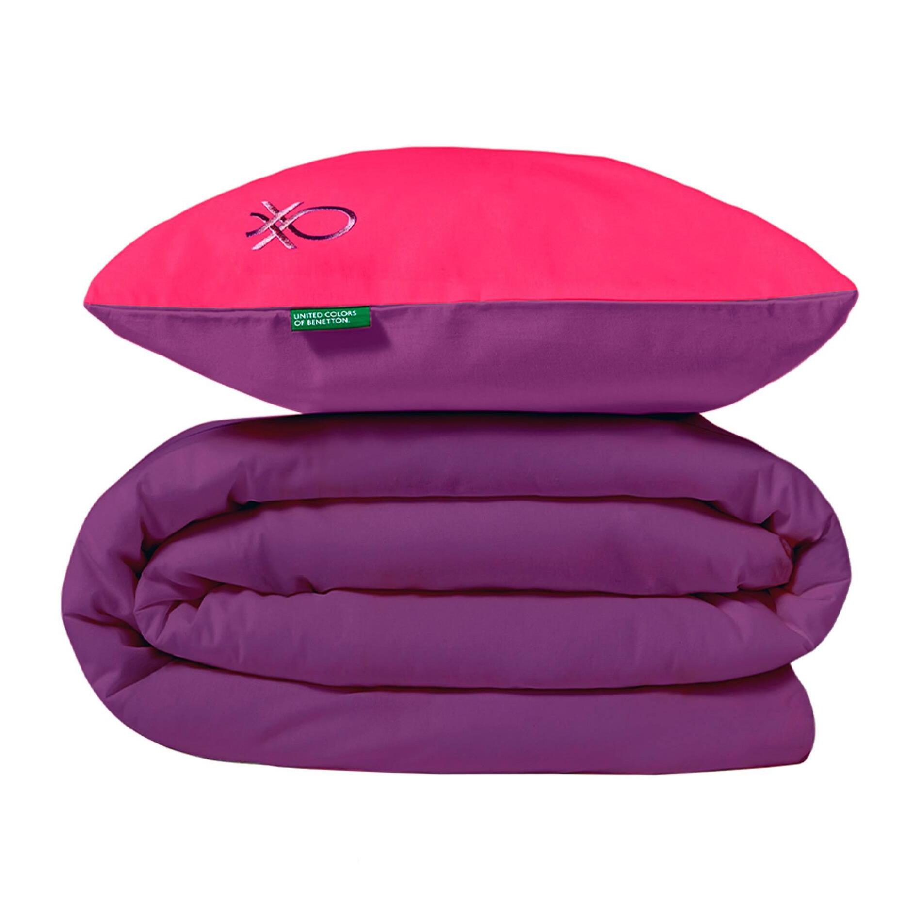 Set de cama 90 - 100 cm 100% algodón - funda nórdica reversible 150x210cm + sábana bajera 100x200+30cm + funda de almohada 50x70cm - rosa y morado rainbow benetton