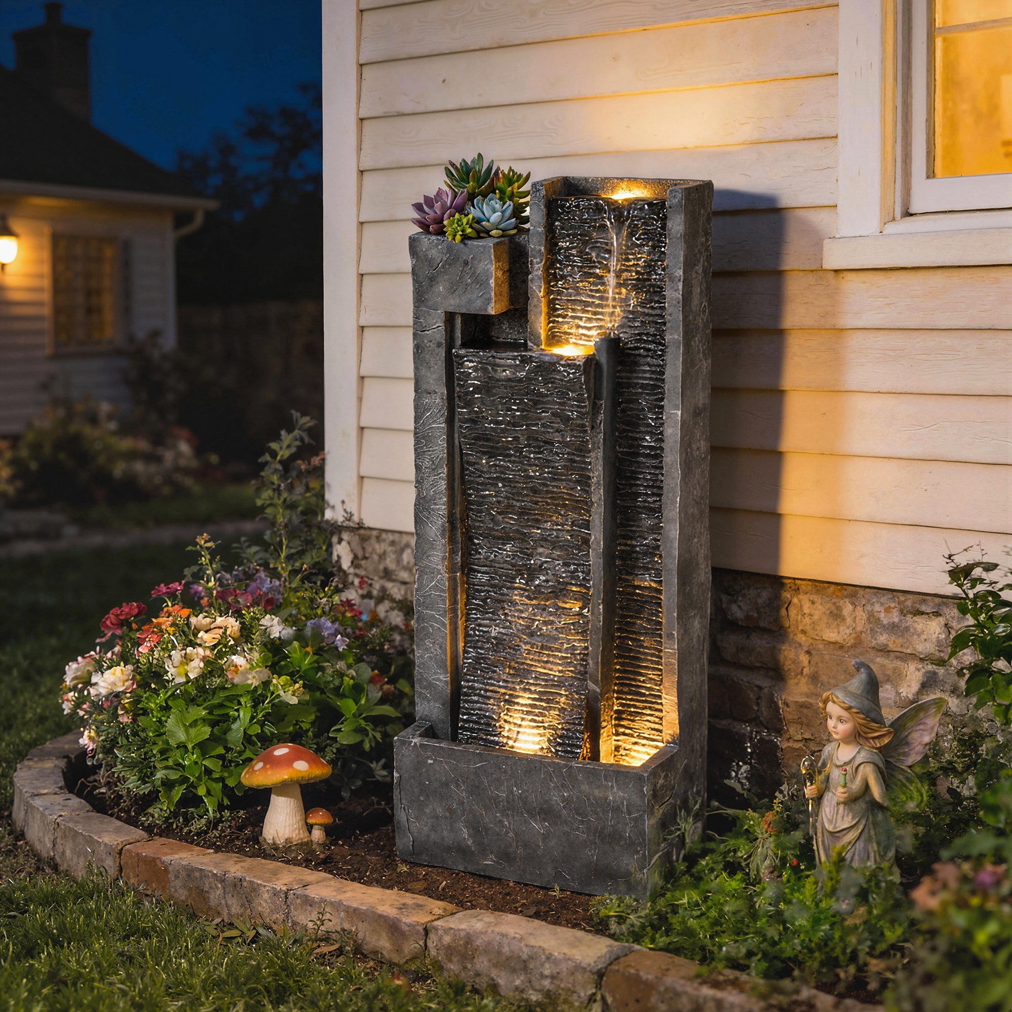 Fuente de Agua Decorativa con Iluminación LED y Maceta, Fuente de Jardín Exteror en Cascada de 3 Niveles, con Bomba, Resistente a la intemperie, para Jardín, Patio, 38x19x101 cm, Gris Oscuro
