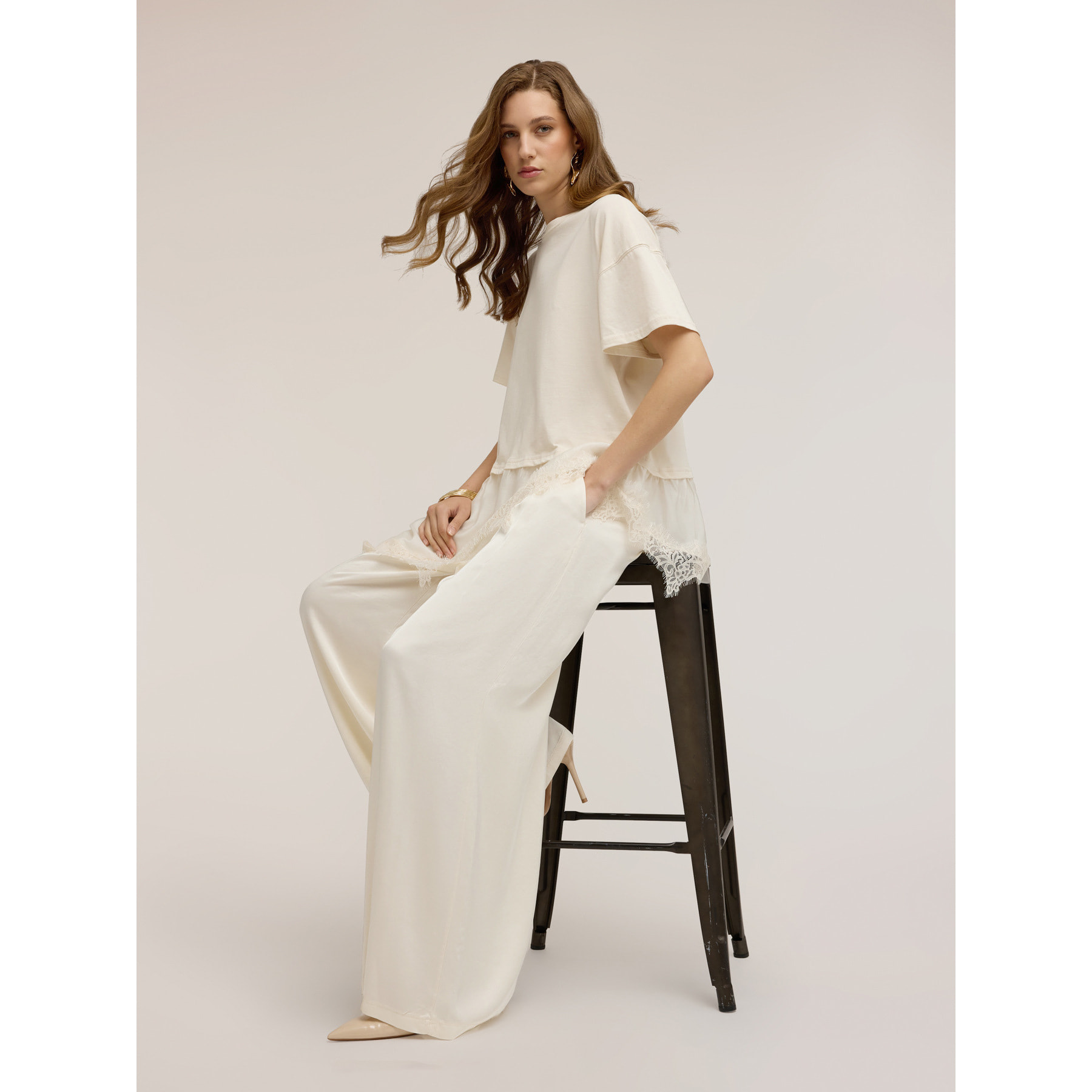 Motivi - T-shirt con inserto in pizzo - Bianco