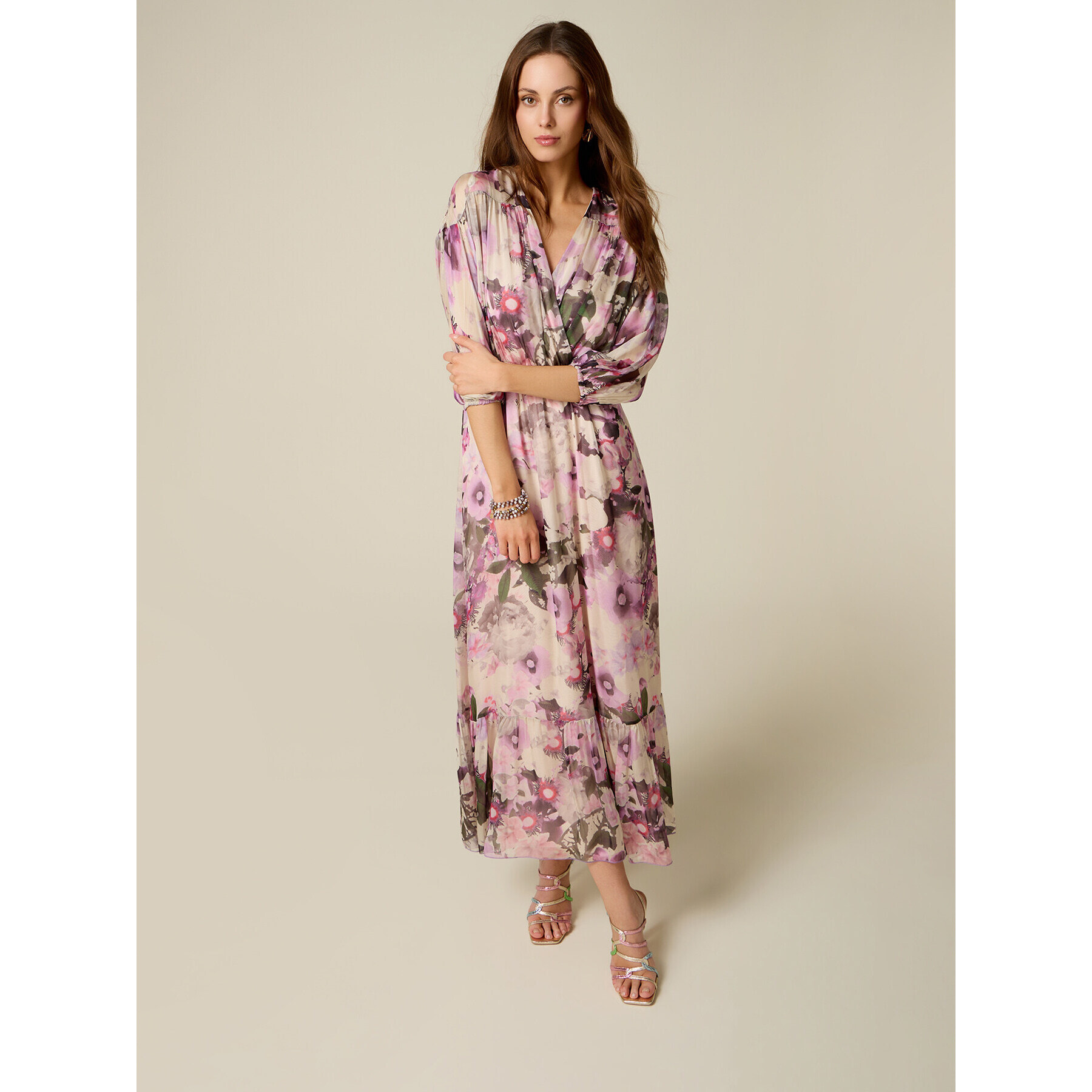 Oltre - Vestido largo en voile mezcla de seda estampado - Rosa