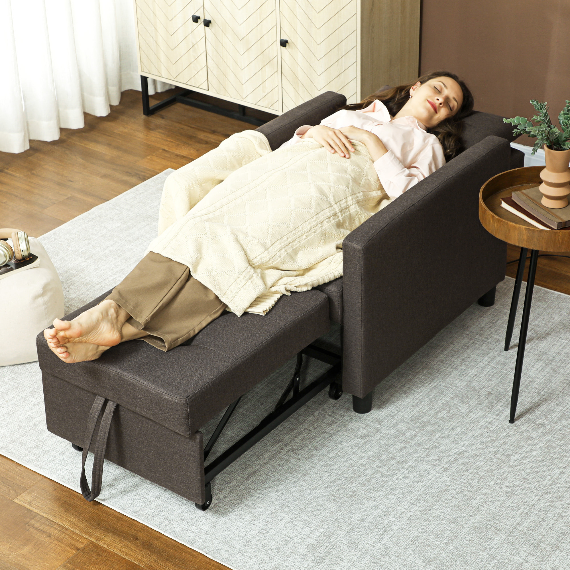 Sofá Cama de 1 Plaza 3 en 1, Sillón Cama Tapizado en Lino, con Respaldo Ajustable de 3 Niveles, Almohada Acolchada, para Oficina, Dormitorio, Salón, 69x82,5x84 cm, Marrón Oscuro