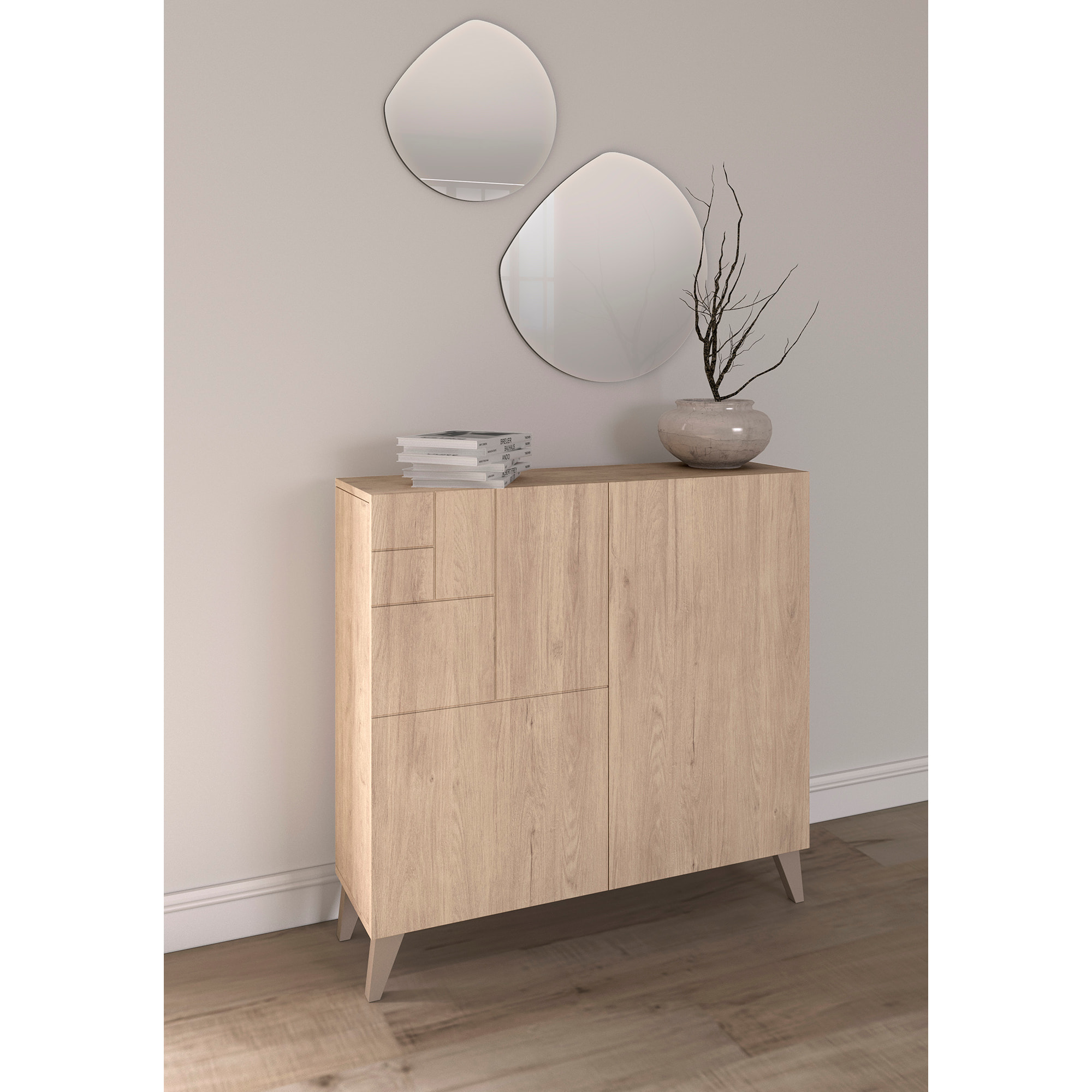 Zapatero Bergen melamina roble claro patas arena 87x90x27 cm