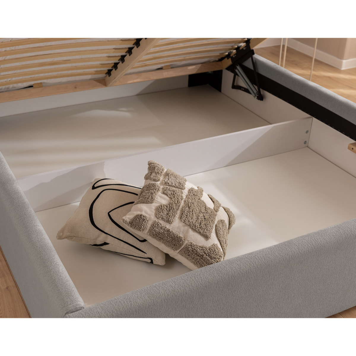 Billy - lit coffre - 180x200 cm - en tissu texturé - sommier inclus - Gris