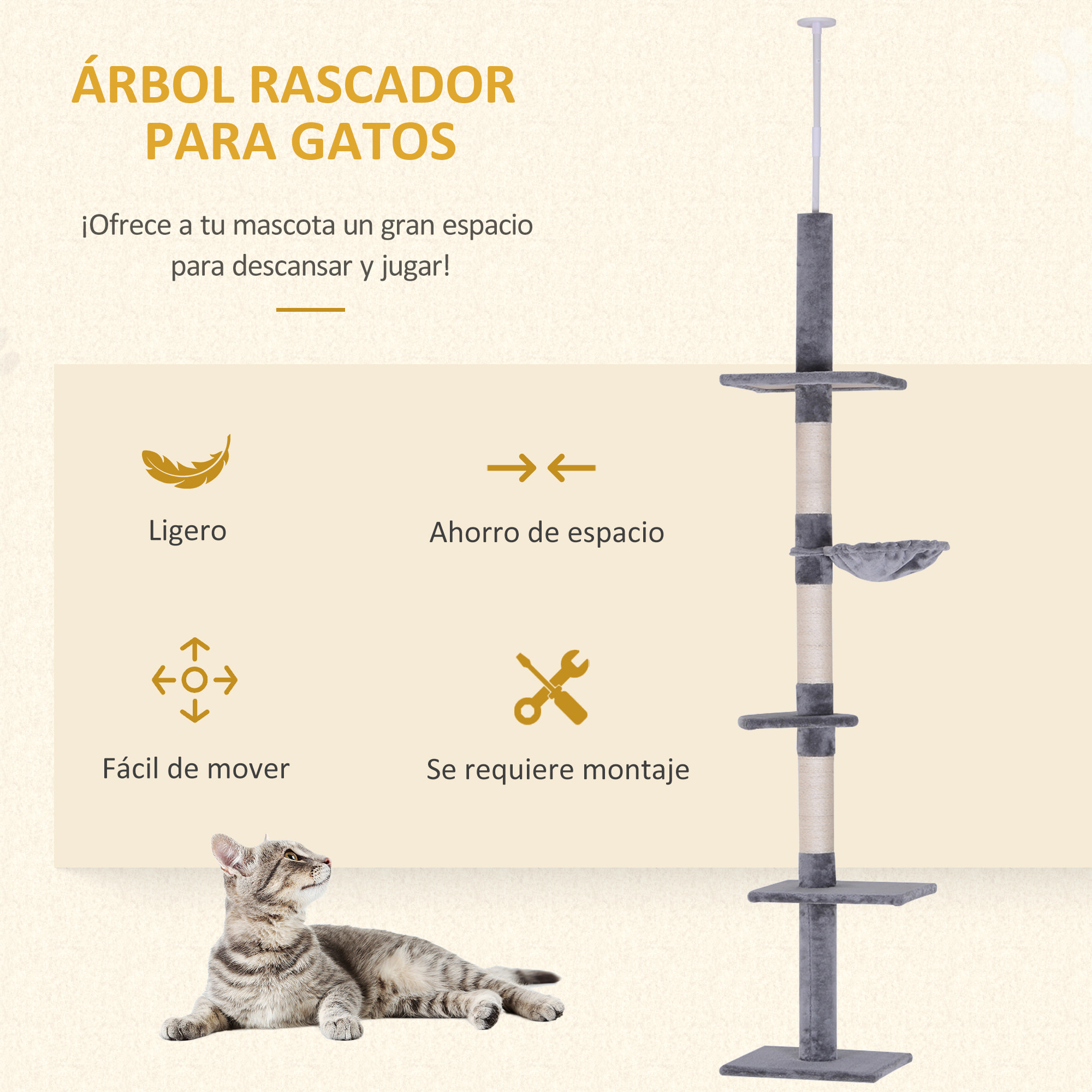 árbol para Gatos de Felpa y Sisal 40x34x230-260cm Gris