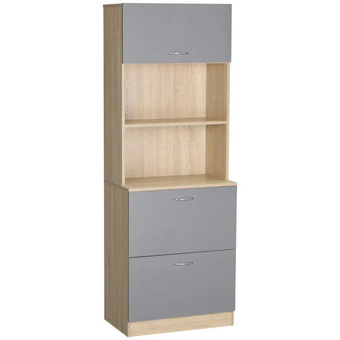 Buffet haut - armoire de cuisine - 2 tiroirs coulissants, placard haut porte relevable, niche, plateau - aspect bois clair gris