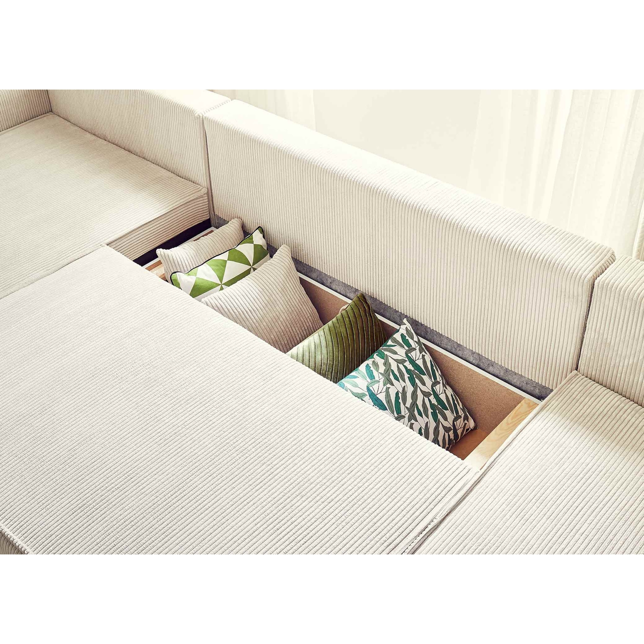 Dellia - canapé panoramique en U - 7 places - convertible - avec coffre - en velours côtelé - Beige