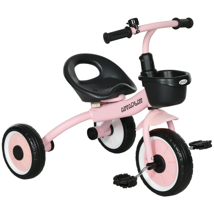 Tricycle enfant multi-équipé garde-boue sonnette panier pédales antidérapantes siège réglable avec dossier métal rose