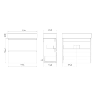 Meuble de Salle de Bain YINU | 70 cm Blanc - Solomon | Fond 36 cm | Deux Tiroirs | Lavabo Encastre | N'inclut Pas Miroir | Meuble Monte | Alday
