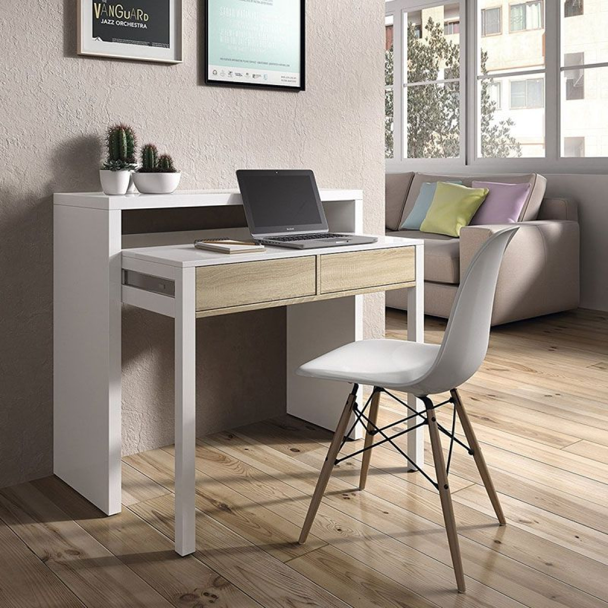 Mesa de escritorio extensible Bureau Blanco Artik (Blanco Mate) - Roble Canadian