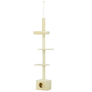 Arbre à chat hauteur réglable 230-260 cm - niche, 3 plateformes - douce peluche courte beige