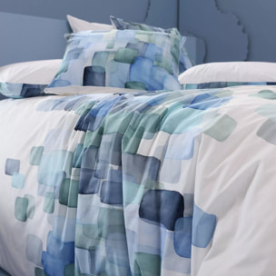 Lot h.couette +taies percale de coton 115 g/m² imprimé bleu vert Ondine mineral