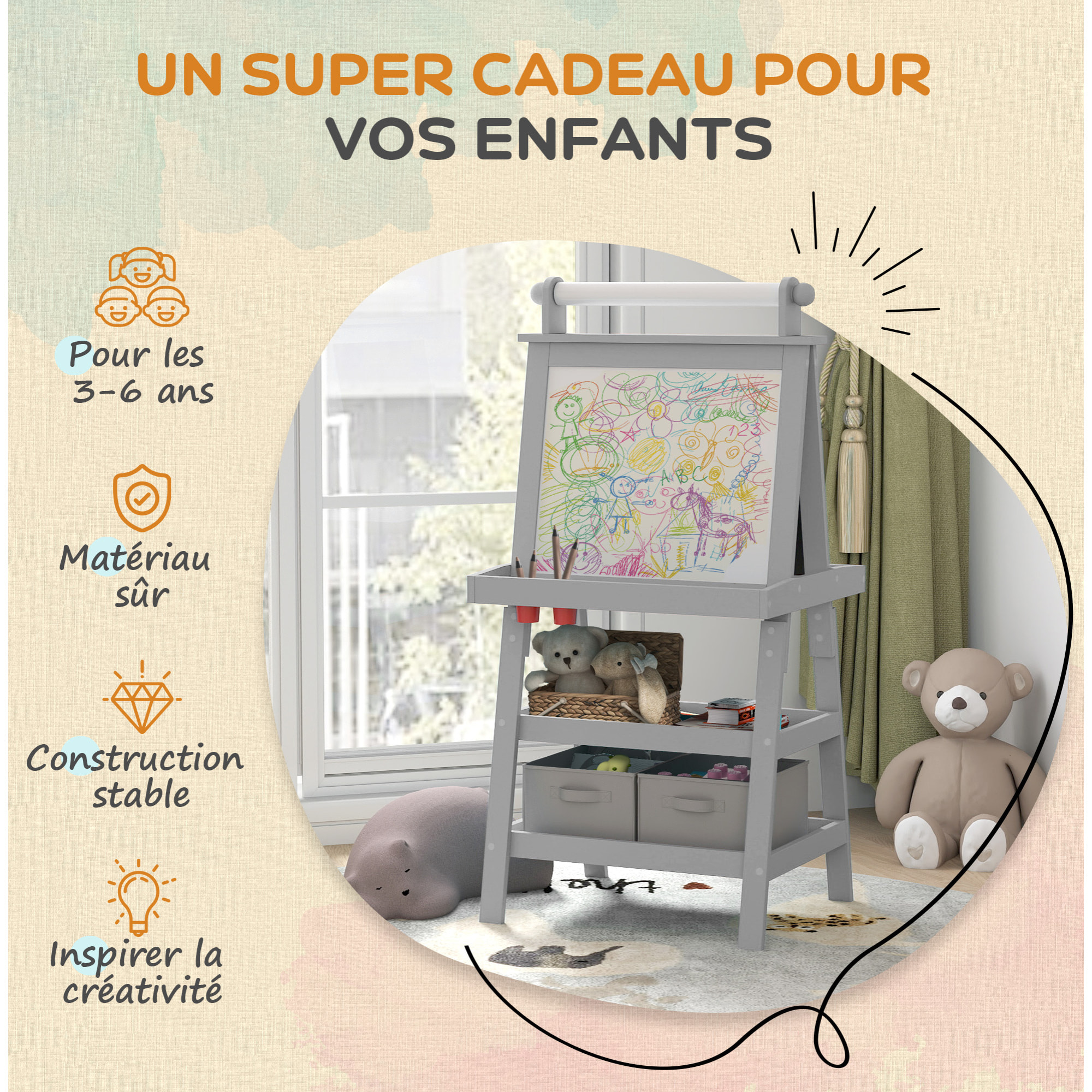 Tableau chevalet enfant 3 en 1 tableau double face enfant avec tableau blanc magnétique tableau à craie rangements bois gris