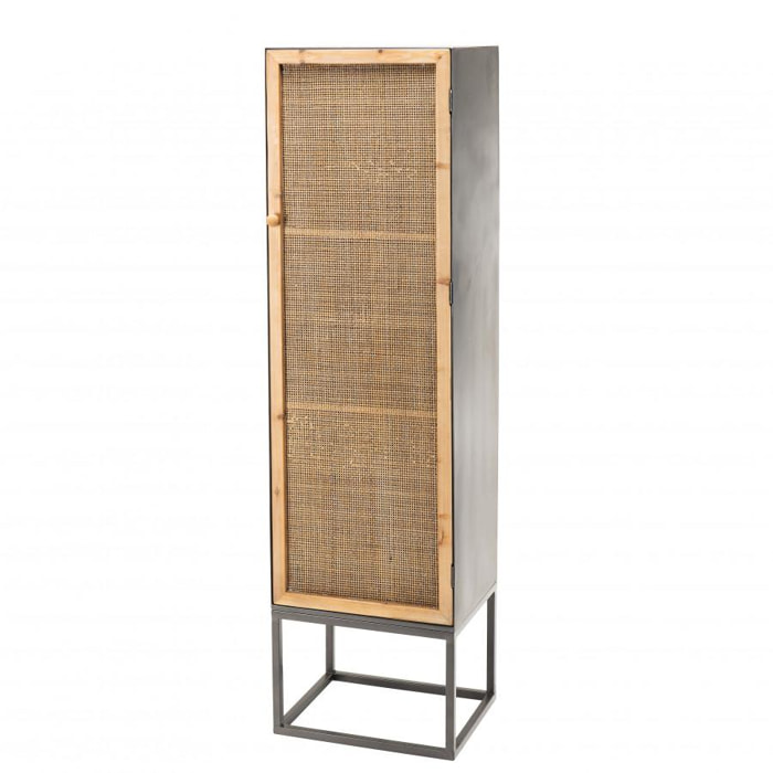 DORIANE - Armoire noire métal 1 porte 2 étagères cannage naturel