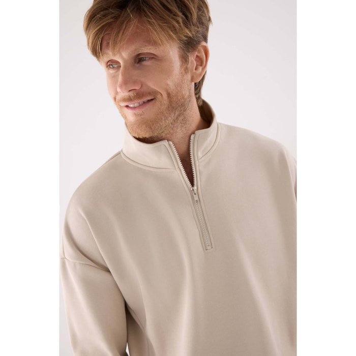 Sudadera deportiva hombre afelpada semi cremallera beige