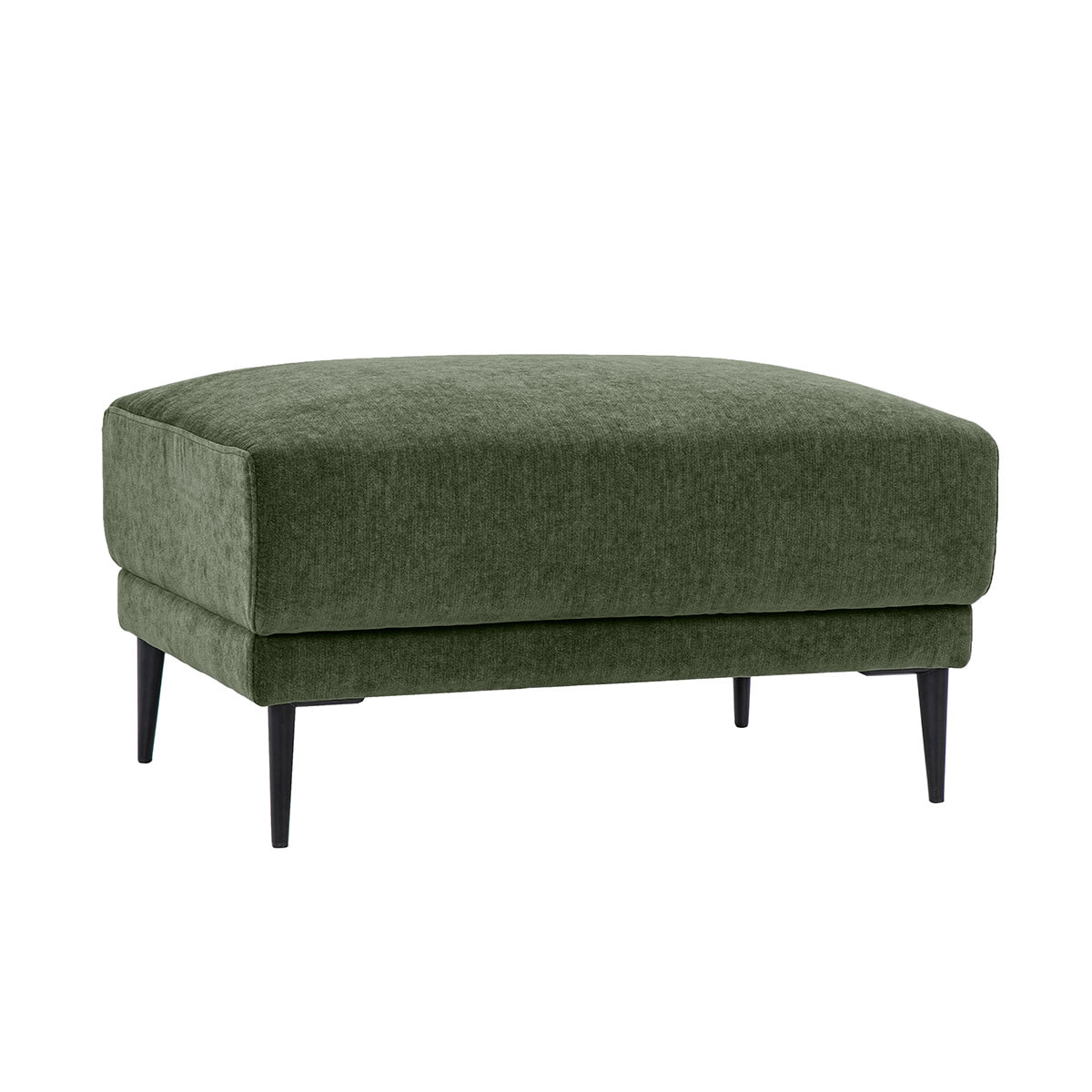 Pouf repose pieds en tissu effet velours vert kaki et métal noir JERRY