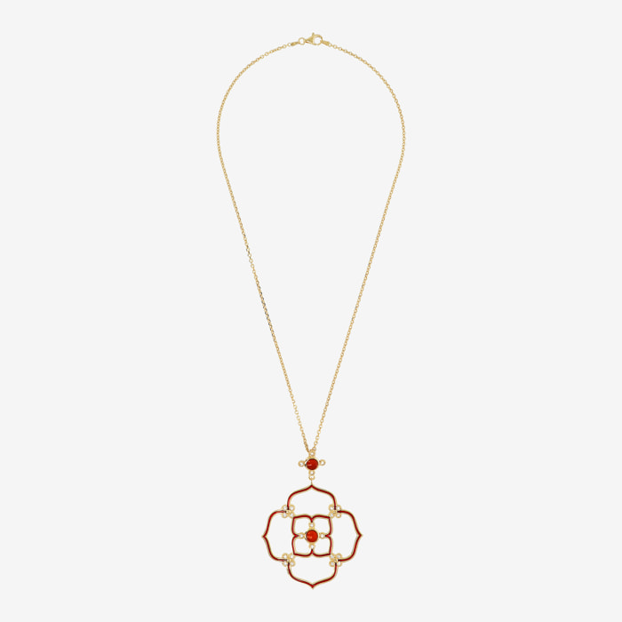 Collana Catena Rolo e Quadrifoglio con Topazio Bianco e Corniola Rossa in Argento 925 placcato Oro giallo 18Kt