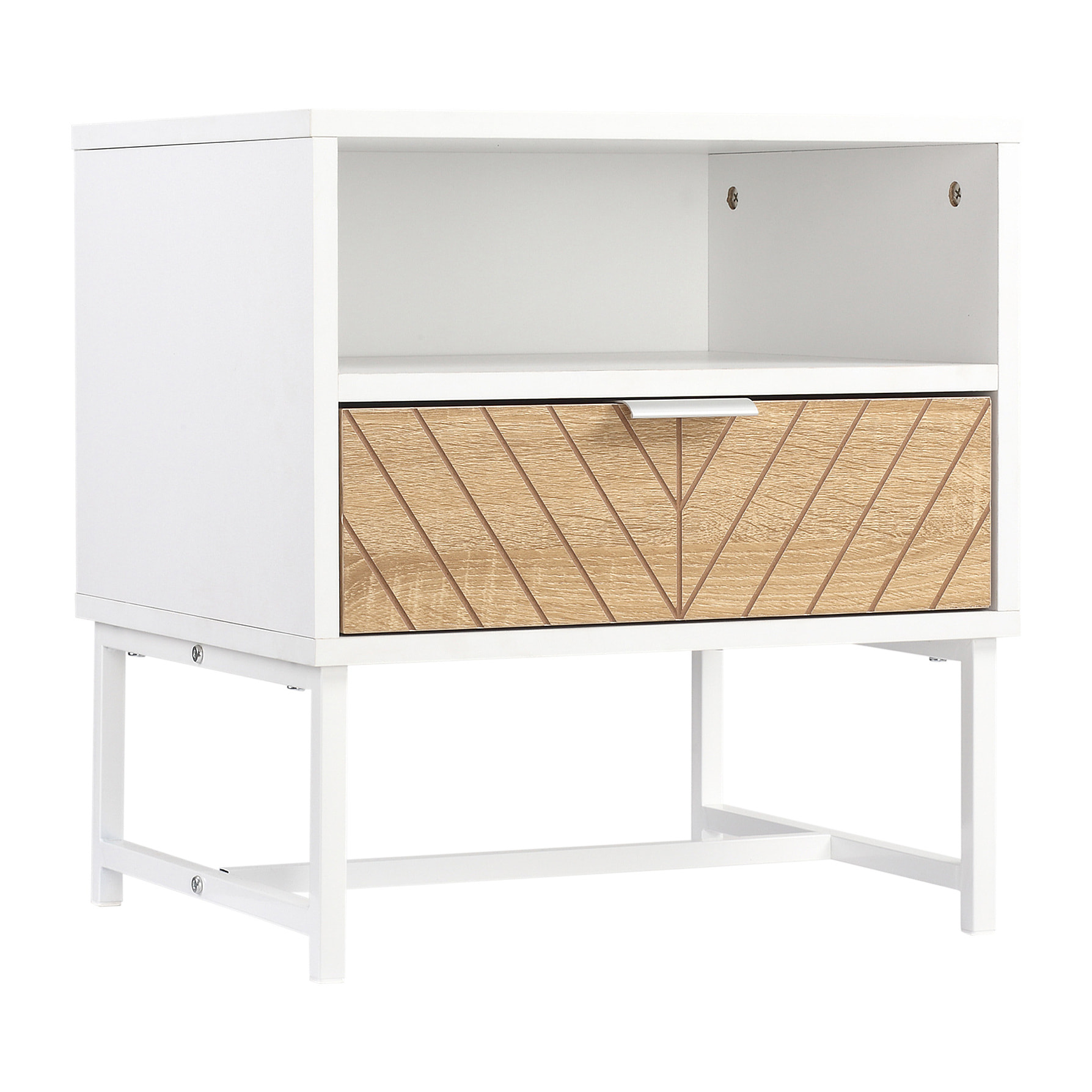 Mesita de Noche Moderna Mesilla de Noche con Cajón y Compartimiento Mesa de Noche para Dormitorio Salón 45x39x48 cm Blanco y Roble