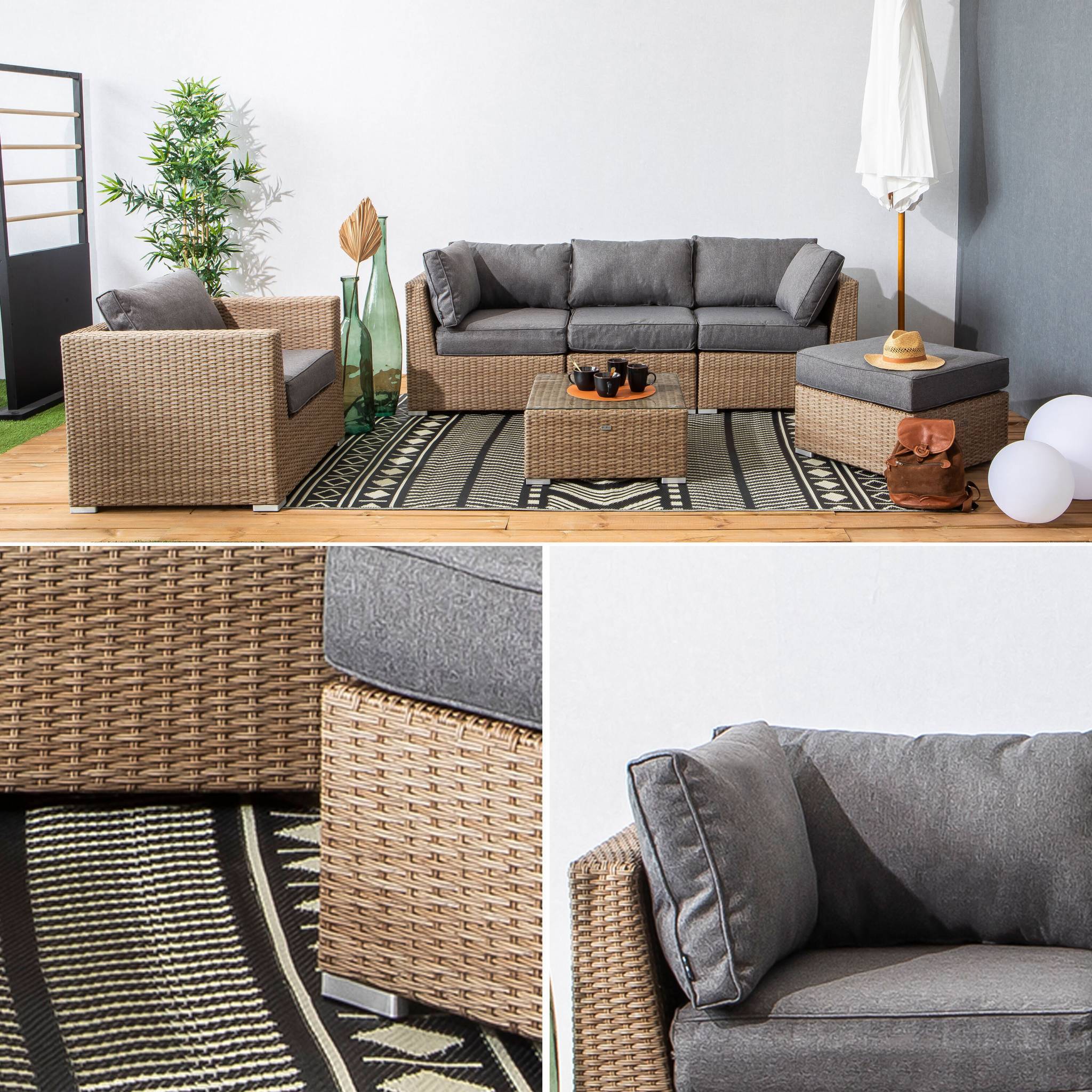 Salon de jardin Premium en résine tressée arrondie – VINCI – Résine naturelle style osier. coussins gris foncé – 5 places. haut de gamme