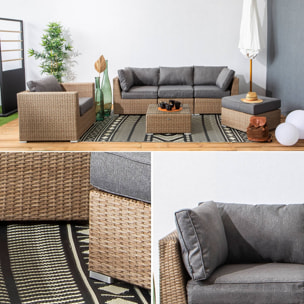 Salon de jardin Premium en résine tressée arrondie – VINCI – Résine naturelle style osier. coussins gris foncé – 5 places. haut de gamme