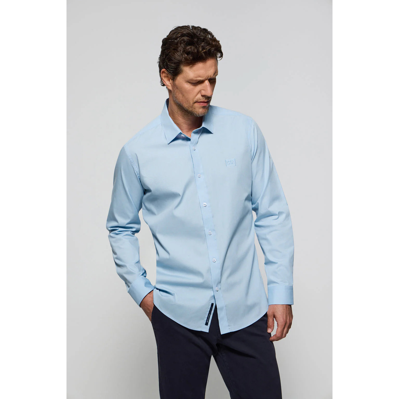 Camisa Slim de popelín azul celeste con logo Polo Club