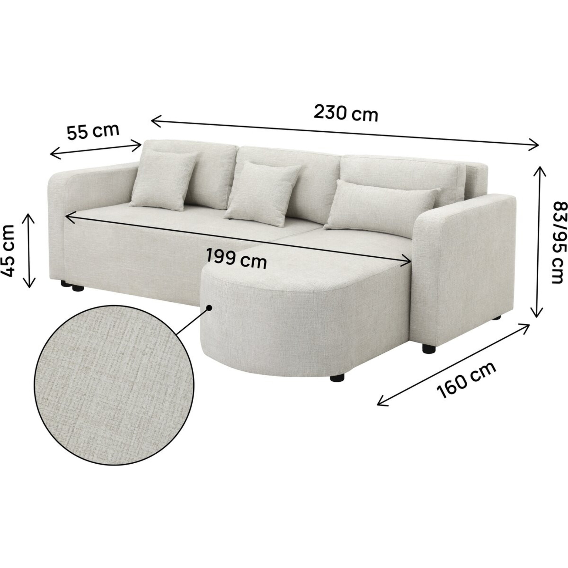 Canapé d'angle convertible/réversible en tissu "Charles" - 3 places - Beige