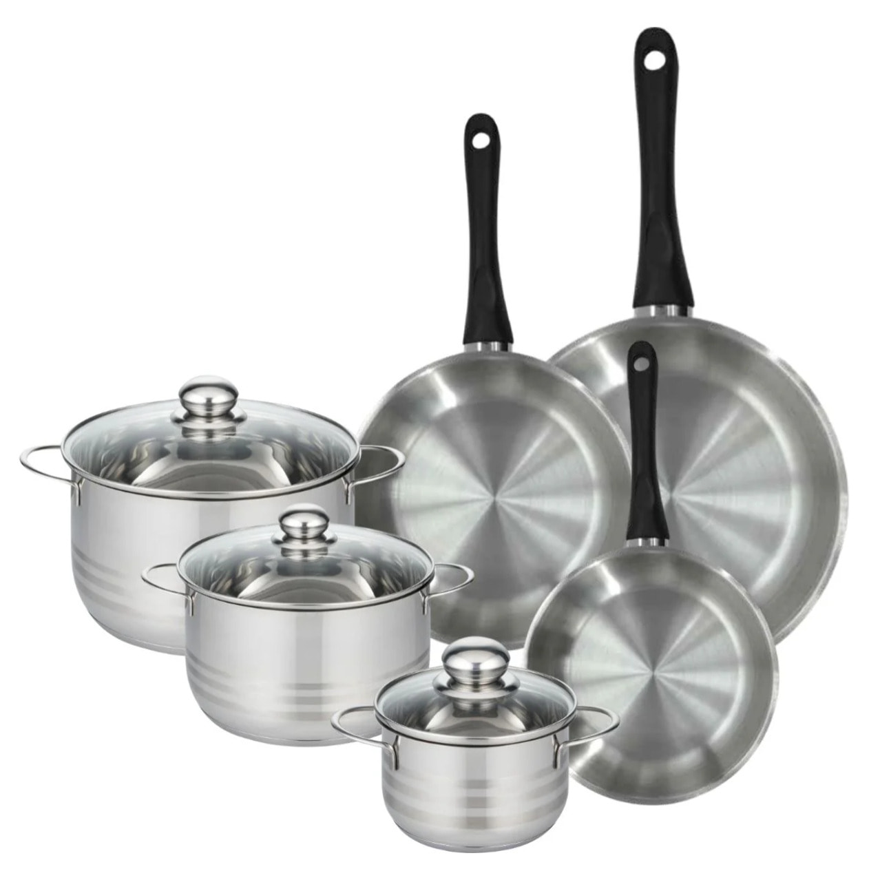 Set de 3 poêles 20, 24 et 28 cm en inox et 3 faitouts inox 16, 20 et 24 cm Fackelmann Geneva