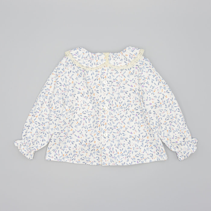 Camisa Azul De Viella Con Estampado De Hojas