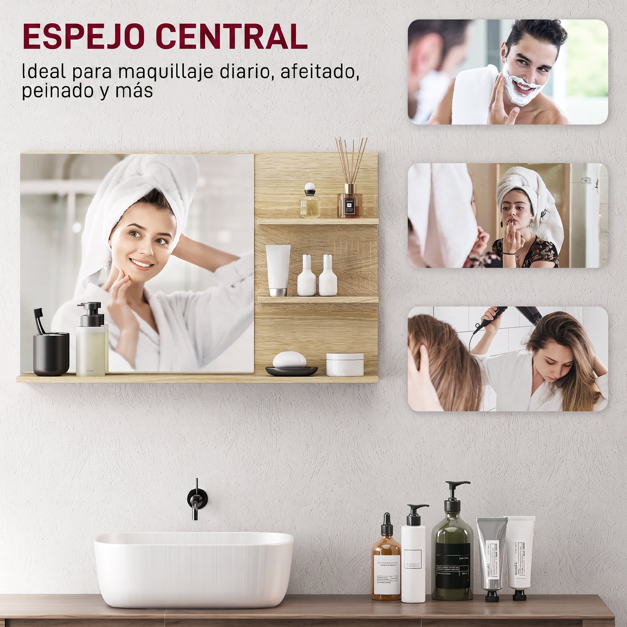 Espejo de Baño con 2 Estantes Laterales y Estante Inferior, Espejo de Pared, Estilo Moderno, para Entrada, Pasillo, 75x10x48 cm, Madera Natural