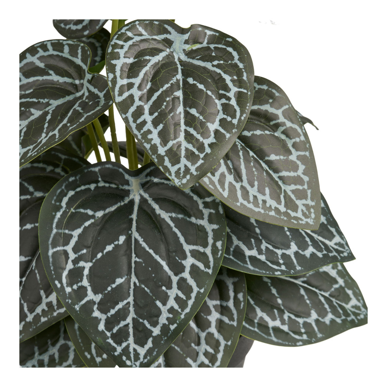 Pianta artificiale con foglie decorate verde e argento in vaso nero 33 cm