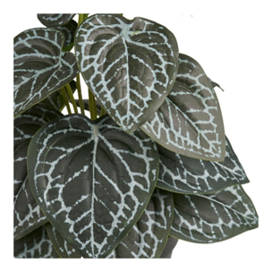 Pianta artificiale con foglie decorate verde e argento in vaso nero 33 cm