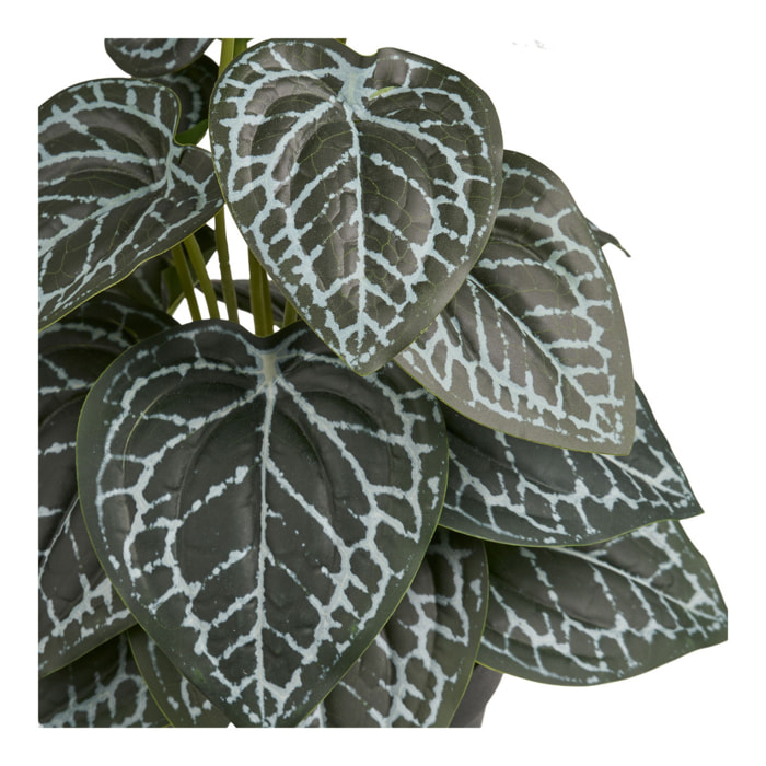 Pianta artificiale con foglie decorate verde e argento in vaso nero 33 cm